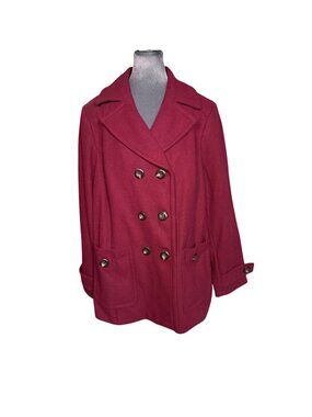 St. Johns Bay Womens Red Peacoat 1X Double-Breasted Wool Blend NWT
